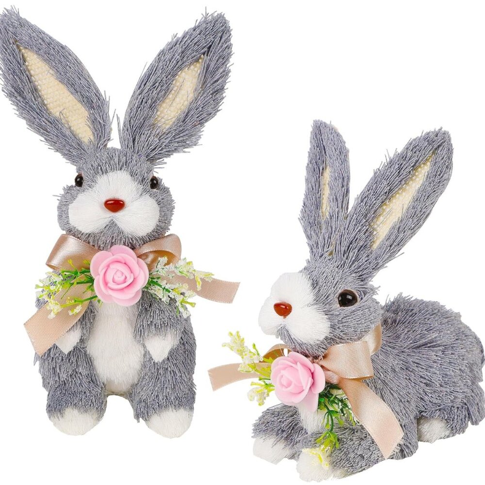 🐰🌸 Set of 2 Easter Straw Bunny Figurines – Adorable Spring Decor! 🥕